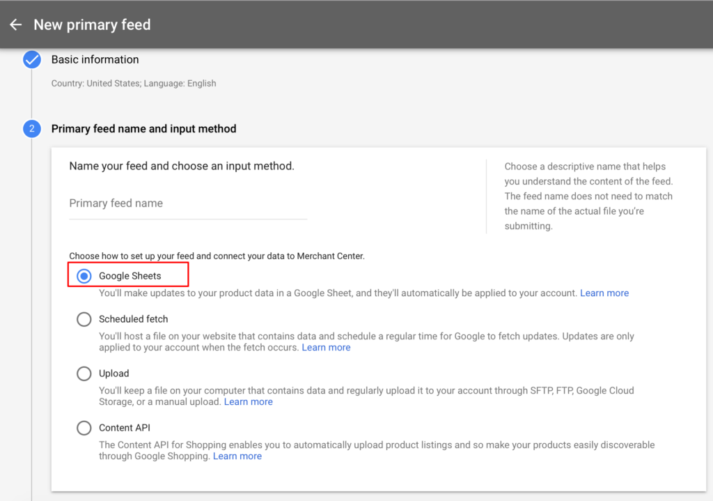 Select Google Sheets as your input method.