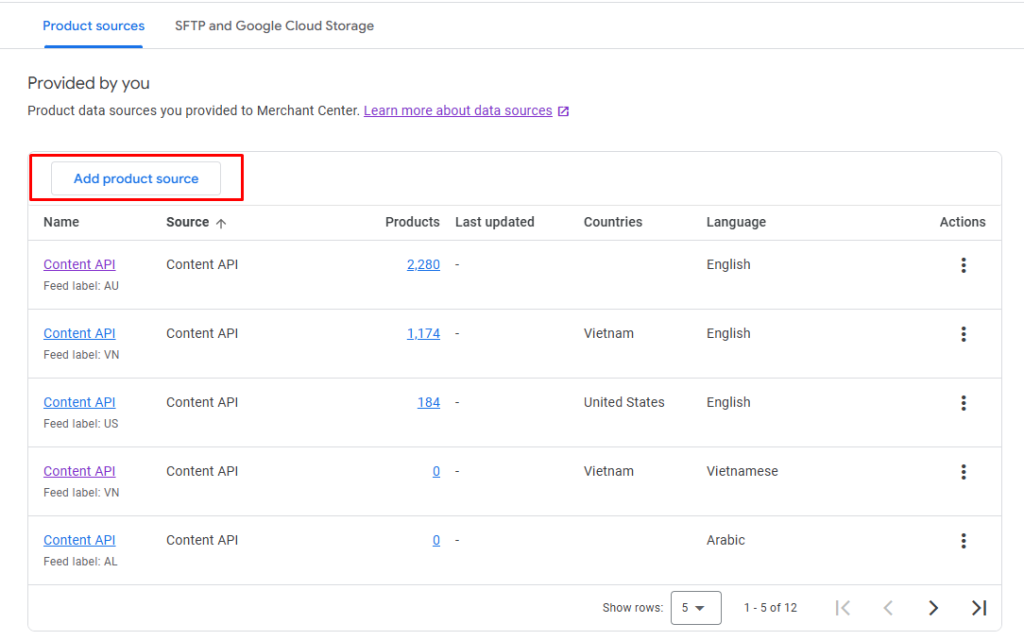 Click the Add product source button