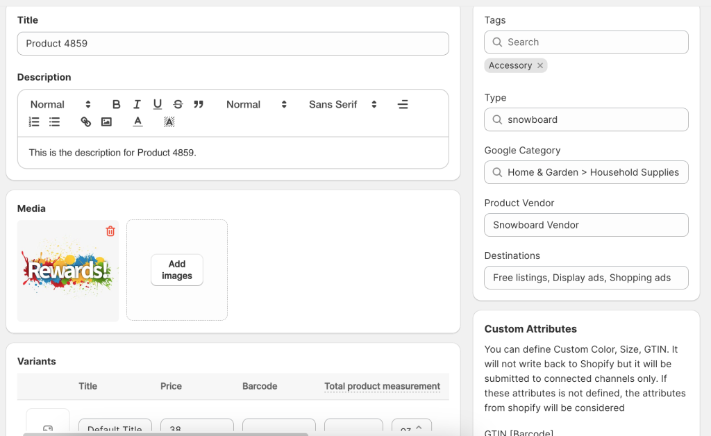 Edit product title, product description, product media, and advanced settings