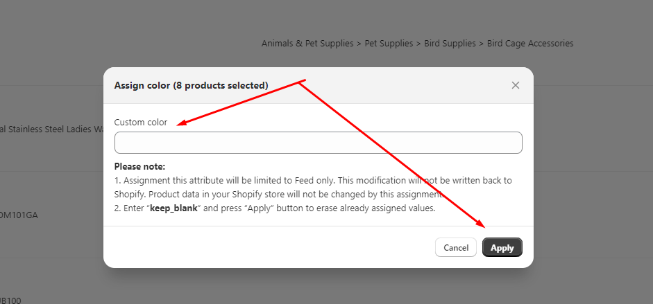 Enter the value for the selected field and click "Apply"
