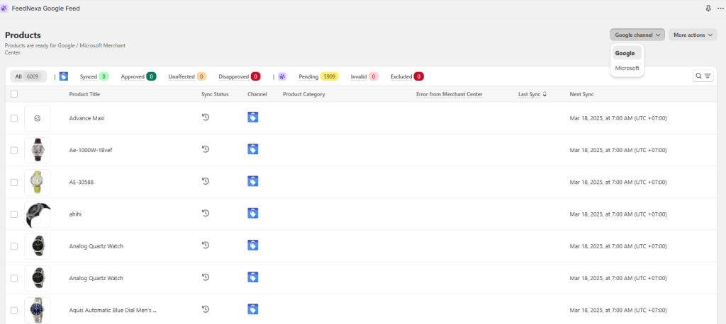 Filter Google Channel in Products page