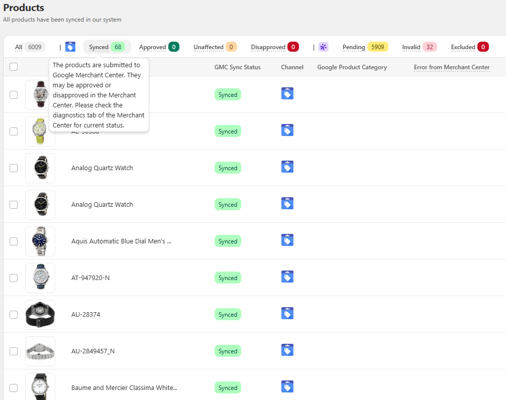Google Merchant Center Status synced