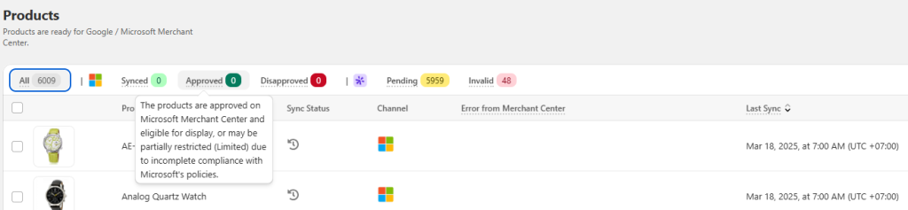 Microsoft Merchant Center Status approved