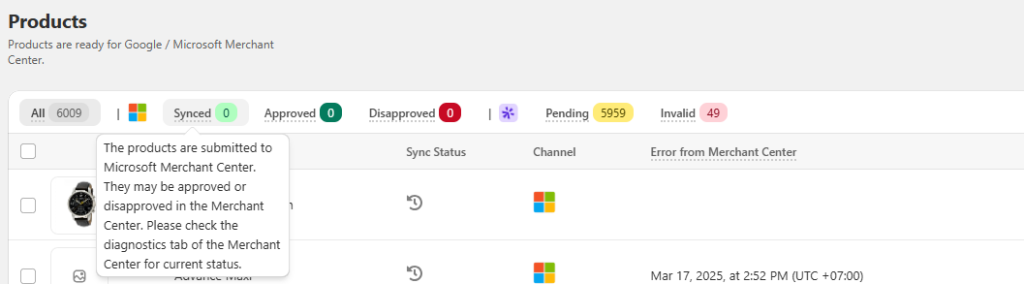 Microsoft Merchant Center Status synced
