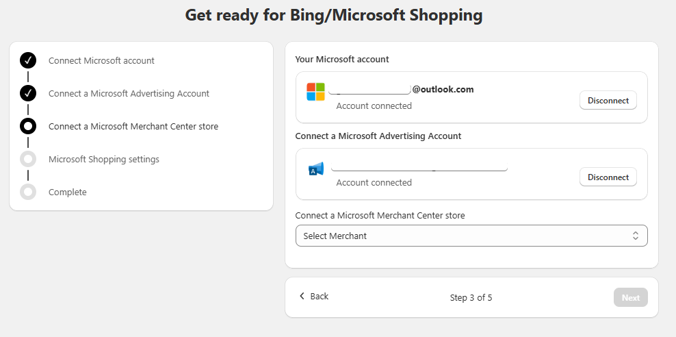 Select an existing Microsoft Merchant Center Store