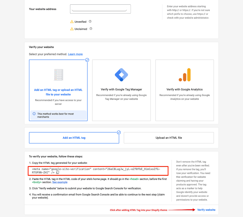 Verify your website section