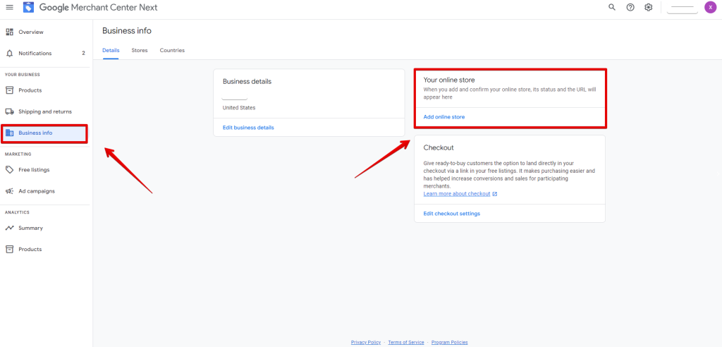 Select Business information -> Add Online store